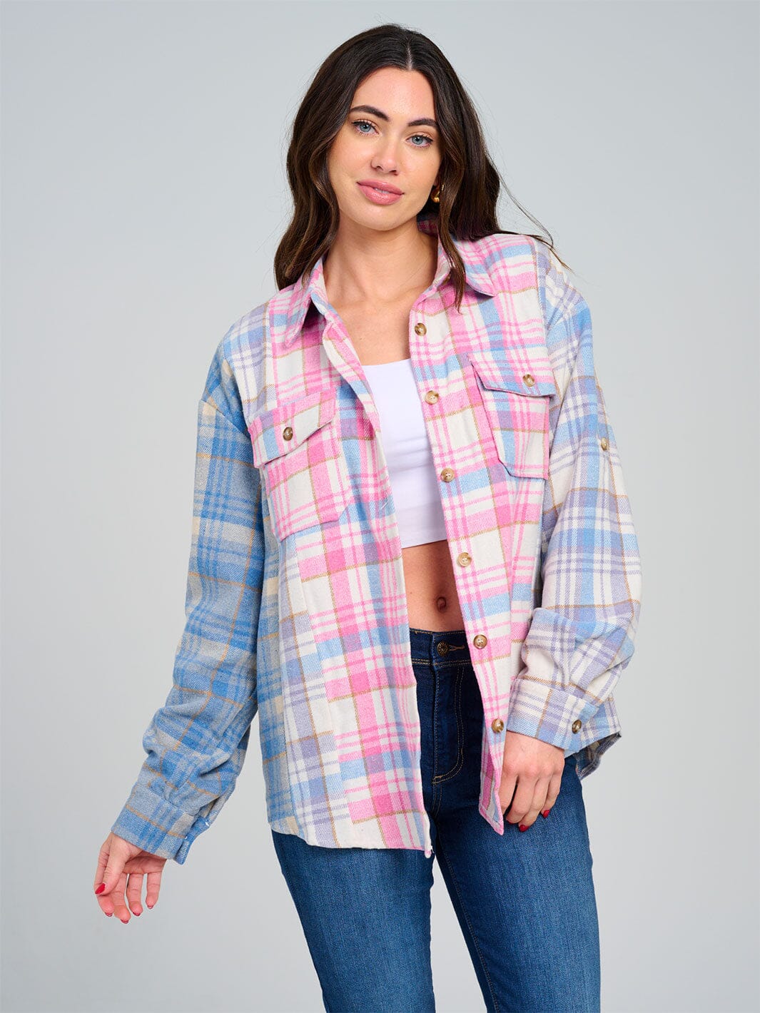 WOMEN'S LONG SLEEVE BUTTON CLOSURE FRONT POCKETS COLORBLOCK PLAID SHACKET