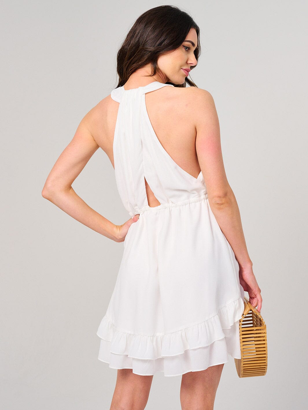 WOMEN'S SLEEVELESS V-NECK RUFFLE TRIM DETAILED MINI DRESS