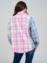 WOMEN'S LONG SLEEVE BUTTON CLOSURE FRONT POCKETS COLORBLOCK PLAID SHACKET