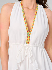 WOMEN'S SLEEVELESS V-NECK RUFFLE TRIM DETAILED MINI DRESS