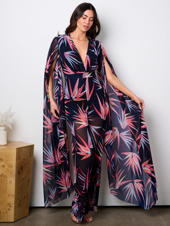 WOMEN'S LONG BELL SLEEVE V-NECK WIDE LEG LEAF PRINT JUMPSUIT
