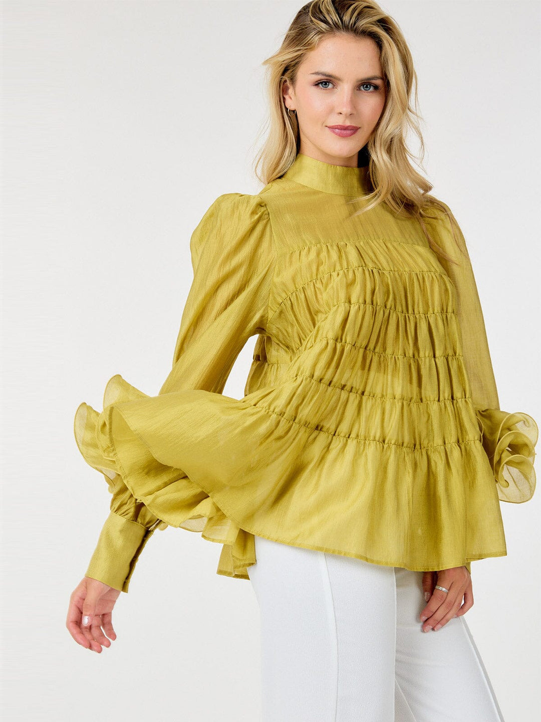WOMEN'S LONG SLEEVE MOCK NECK TIERED RUFFLE DETAILED BLOUSE