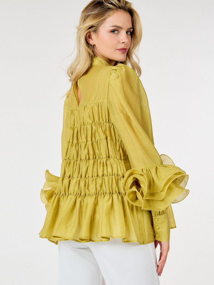 WOMEN'S LONG SLEEVE MOCK NECK TIERED RUFFLE DETAILED BLOUSE