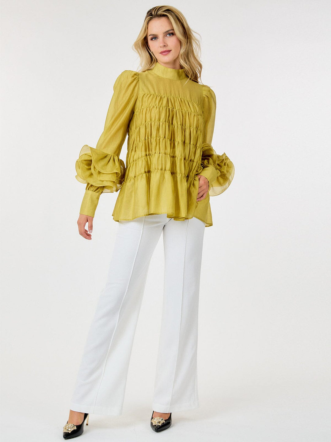 WOMEN'S LONG SLEEVE MOCK NECK TIERED RUFFLE DETAILED BLOUSE