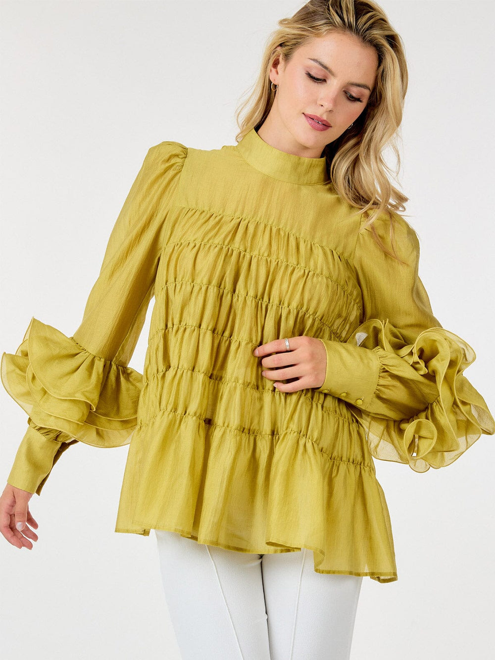 WOMEN'S LONG SLEEVE MOCK NECK TIERED RUFFLE DETAILED BLOUSE