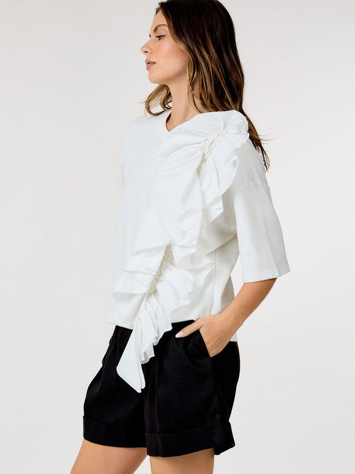 WOMEN'S SHORT SLEEVE RUFFLE FRONT DETAILED TOP