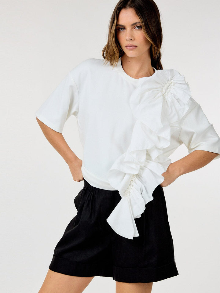 WOMEN'S SHORT SLEEVE RUFFLE FRONT DETAILED TOP