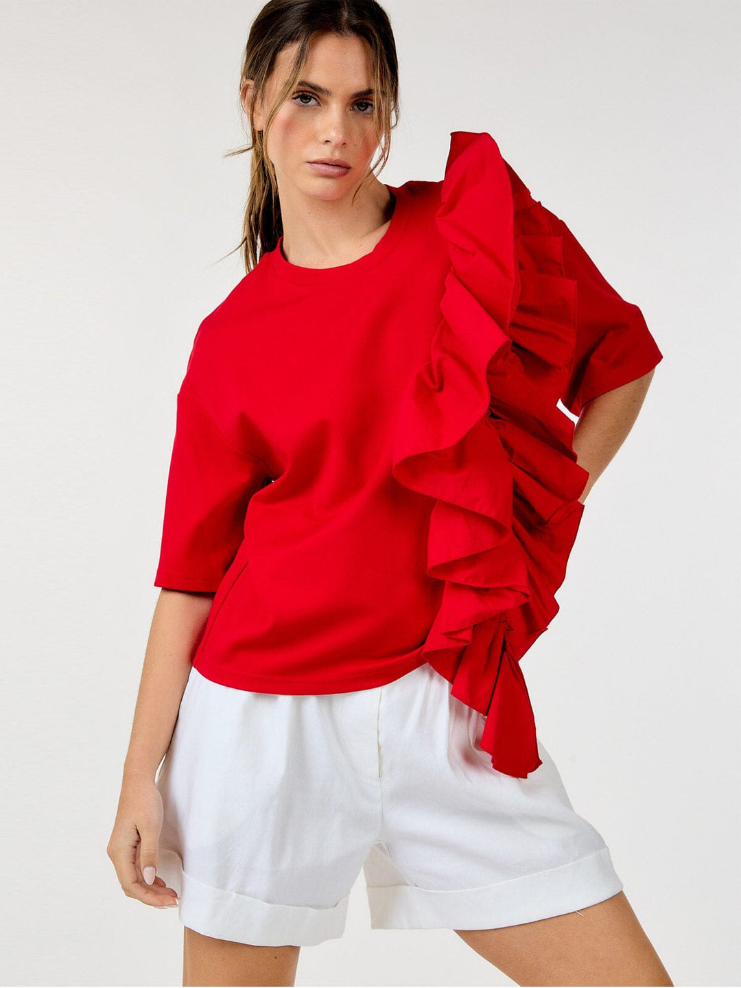 WOMEN'S SHORT SLEEVE RUFFLE FRONT DETAILED TOP