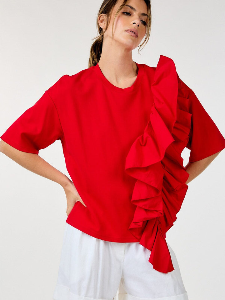 WOMEN'S SHORT SLEEVE RUFFLE FRONT DETAILED TOP