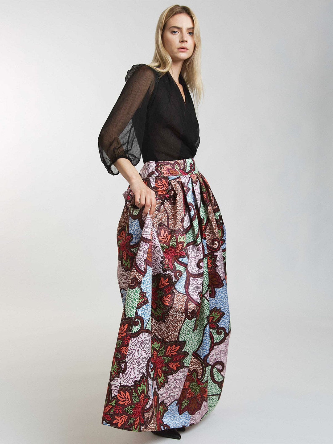 WOMEN'S ZIP UP MULTI PRINT MAXI SKIRT