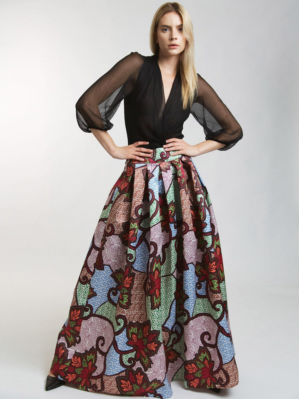 WOMEN'S ZIP UP MULTI PRINT MAXI SKIRT