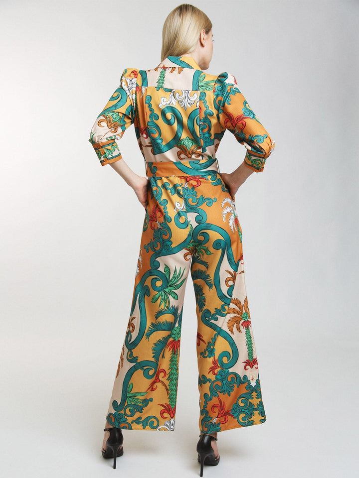 WOMEN'S 3/4 SLEEVE BUTTON UP BELTED WIDE LEG PRINTED JUMPSUIT