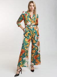 WOMEN'S 3/4 SLEEVE BUTTON UP BELTED WIDE LEG PRINTED JUMPSUIT