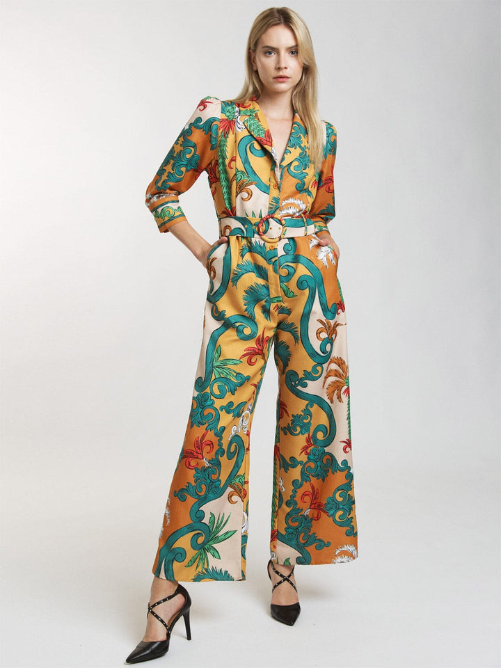 WOMEN'S 3/4 SLEEVE BUTTON UP BELTED WIDE LEG PRINTED JUMPSUIT