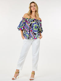 WOMEN'S SHORT PUFF SLEEVE OFF SHOULDER MULTI PRINT BLOUSE