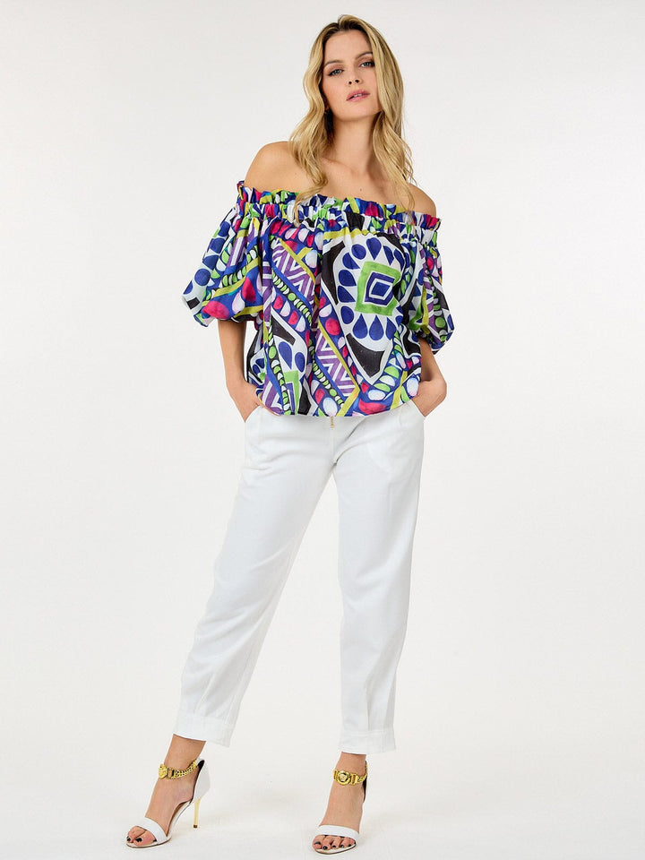 WOMEN'S SHORT PUFF SLEEVE OFF SHOULDER MULTI PRINT BLOUSE