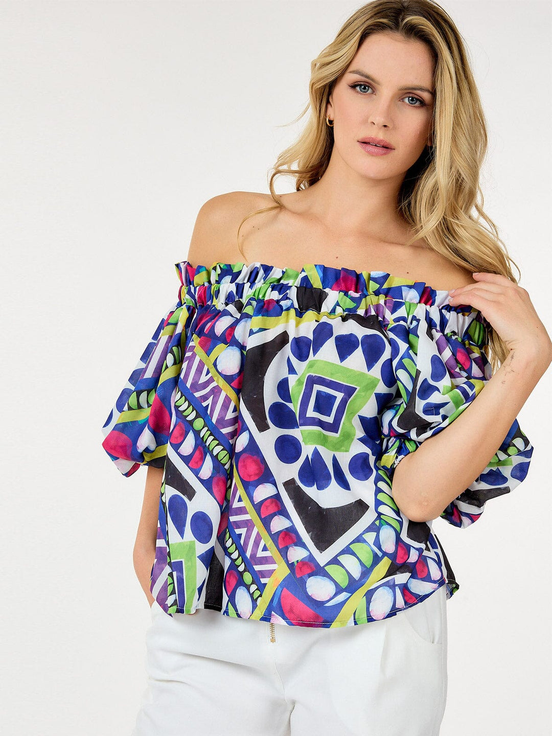 WOMEN'S SHORT PUFF SLEEVE OFF SHOULDER MULTI PRINT BLOUSE