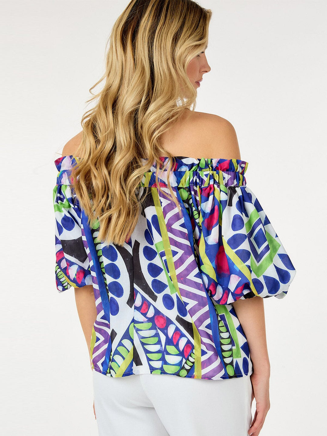 WOMEN'S SHORT PUFF SLEEVE OFF SHOULDER MULTI PRINT BLOUSE