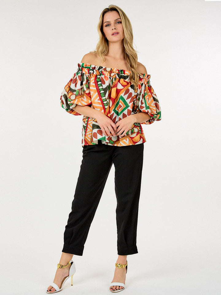 WOMEN'S SHORT PUFF SLEEVE OFF SHOULDER MULTI PRINT BLOUSE