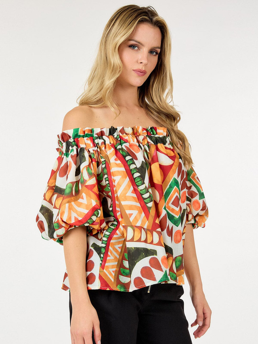 WOMEN'S SHORT PUFF SLEEVE OFF SHOULDER MULTI PRINT BLOUSE