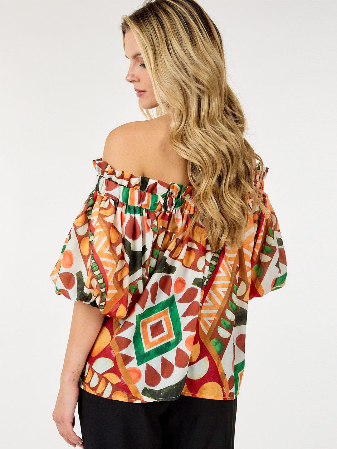 WOMEN'S SHORT PUFF SLEEVE OFF SHOULDER MULTI PRINT BLOUSE