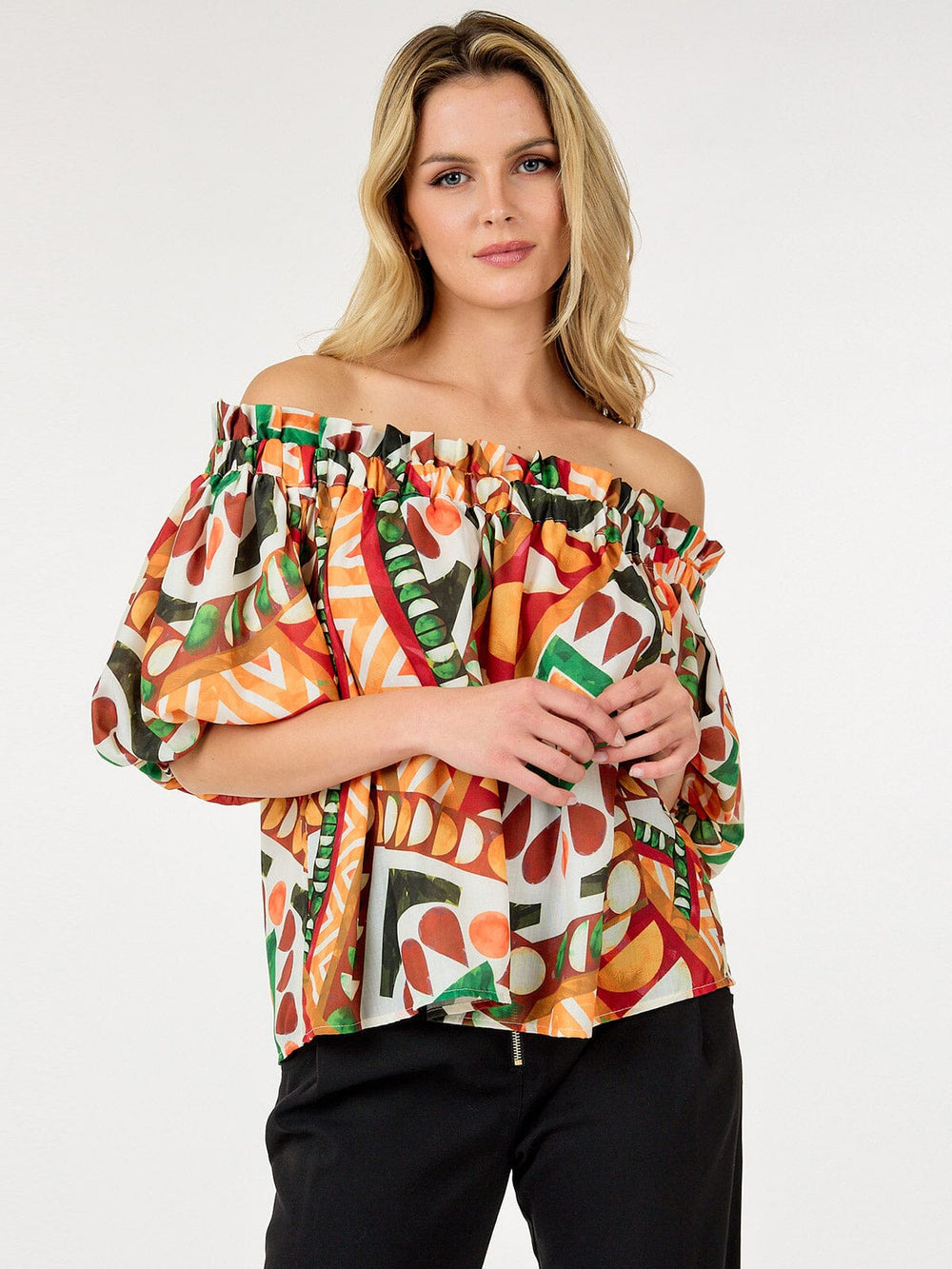 WOMEN'S SHORT PUFF SLEEVE OFF SHOULDER MULTI PRINT BLOUSE