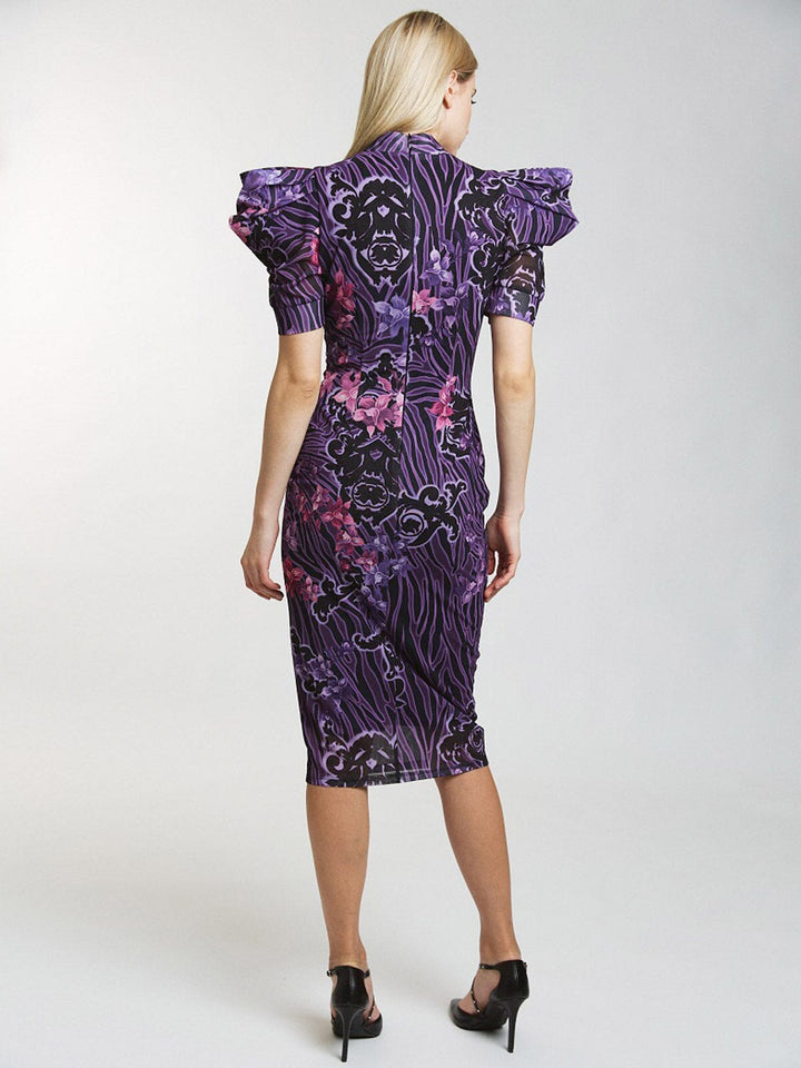 WOMEN'S SHORT PUFF SLEEVE MOCK NECK BODYCON MULTI PRINT MIDI DRESS