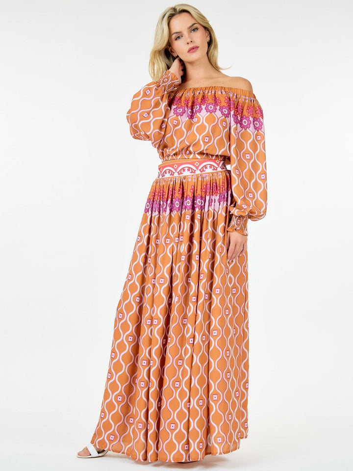 WOMEN'S LONG SLEEVE TOP & MAXI SKIRT MULTI PRINT SET