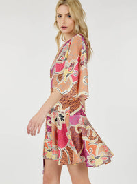 WOMEN'S SHORT SLEEVE WRAP MULTI PRINT MINI DRESS