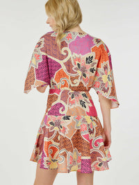 WOMEN'S SHORT SLEEVE WRAP MULTI PRINT MINI DRESS