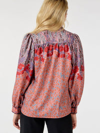WOMEN'S LONG SLEEVE BUTTON UP MULTI PRINT BLOUSE