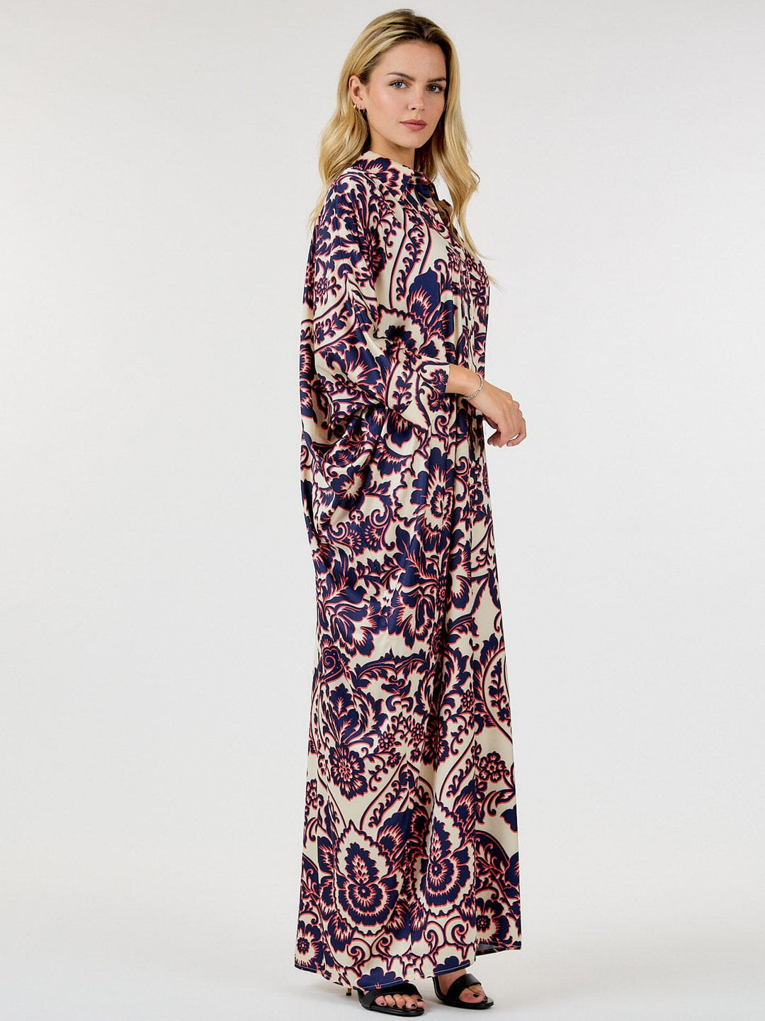 WOMEN'S LONG SLEEVE BUTTON UP TUNIC MULTI PPRINT MAXI DRESS
