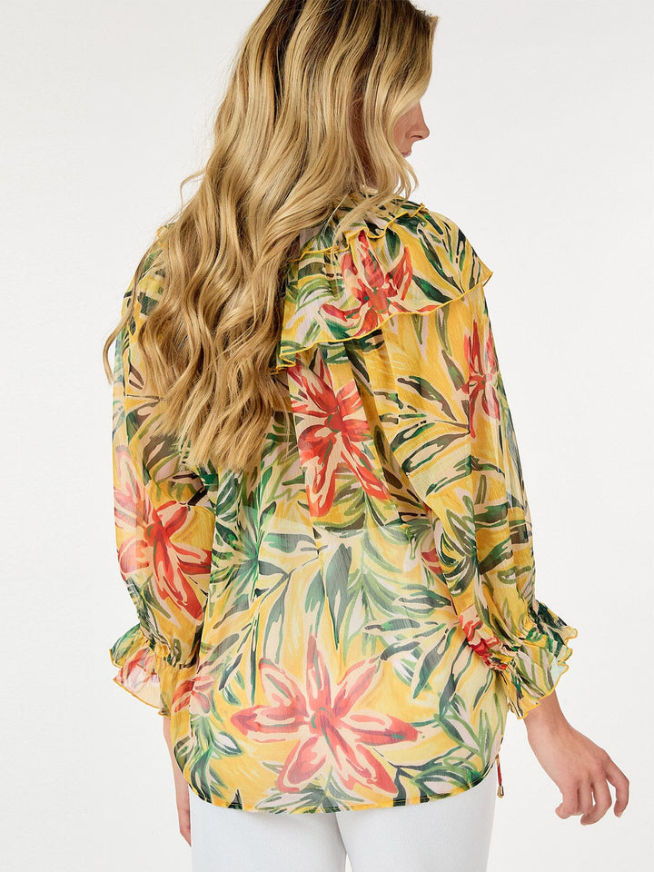 WOMEN'S LONG SLEEVE V-NECK RUFFLE BUTTON UP FLOWER PRINT BLOUSE
