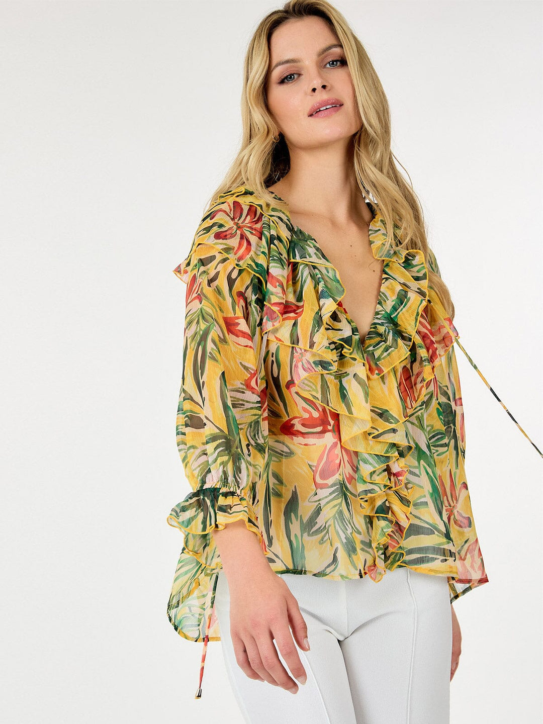 WOMEN'S LONG SLEEVE V-NECK RUFFLE BUTTON UP FLOWER PRINT BLOUSE