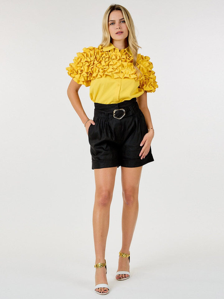 WOMEN'S SHORT PUFF SLEEVE BUTTON CLOSURE RUFFLE DETAILED BLOUSE