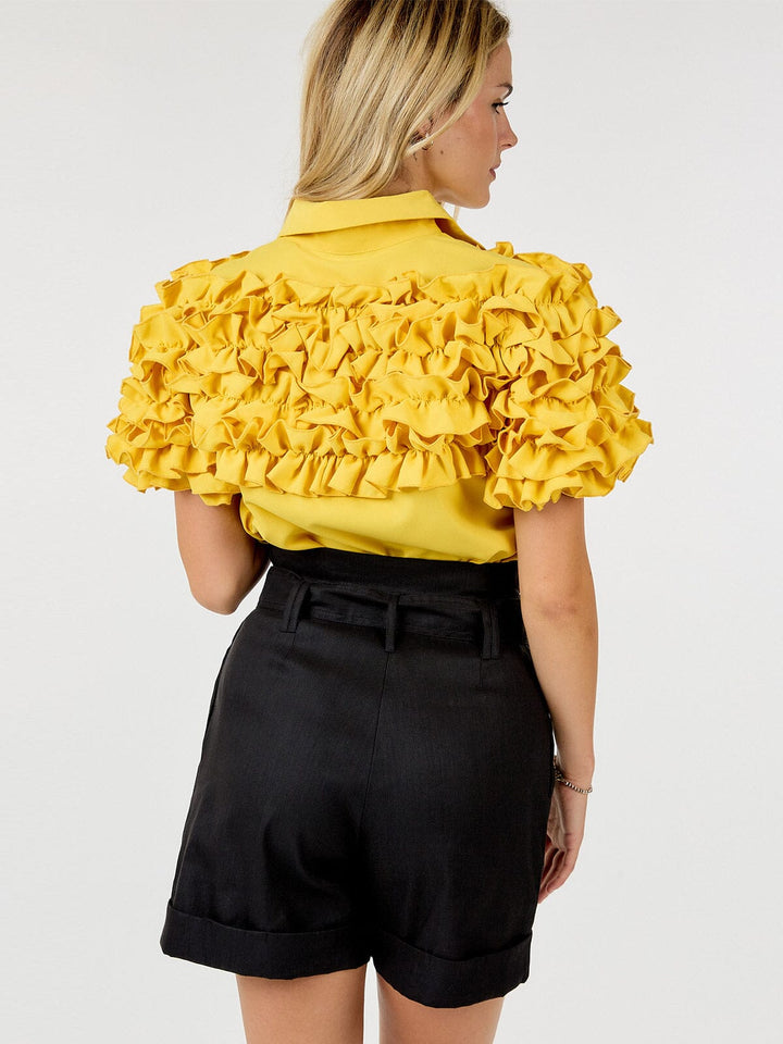 WOMEN'S SHORT PUFF SLEEVE BUTTON CLOSURE RUFFLE DETAILED BLOUSE