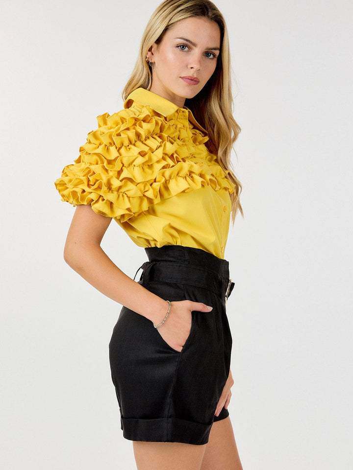 WOMEN'S SHORT PUFF SLEEVE BUTTON CLOSURE RUFFLE DETAILED BLOUSE
