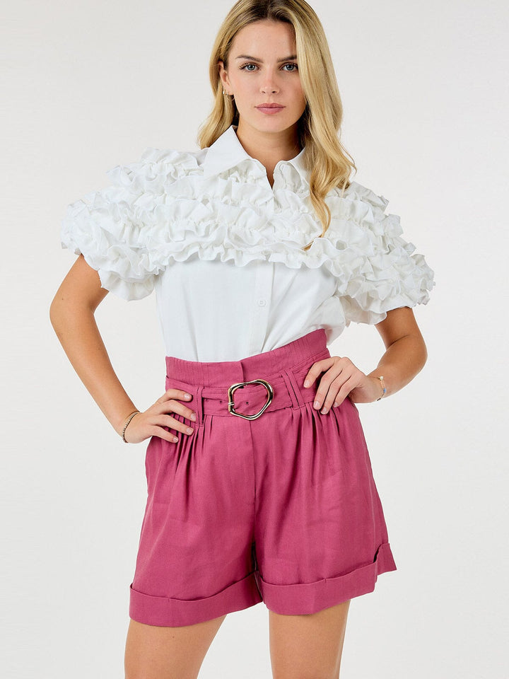WOMEN'S SHORT PUFF SLEEVE BUTTON CLOSURE RUFFLE DETAILED BLOUSE