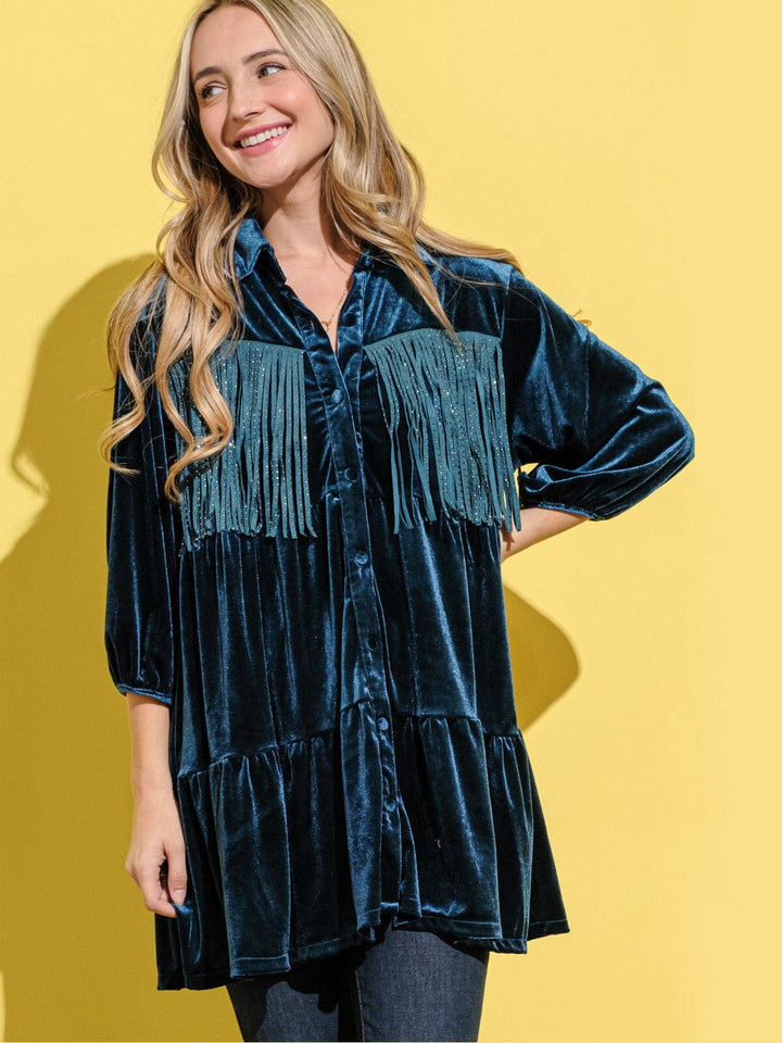 WOMEN'S 3/4 SLEEVE BUTTON UP FRINGE TIERED VELVET TUNIC TOP