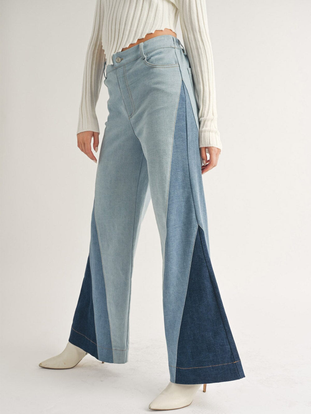WOMEN'S BUTTON CLOSURE POCKETS PATCHED COLORBLOCK DENIM PANTS