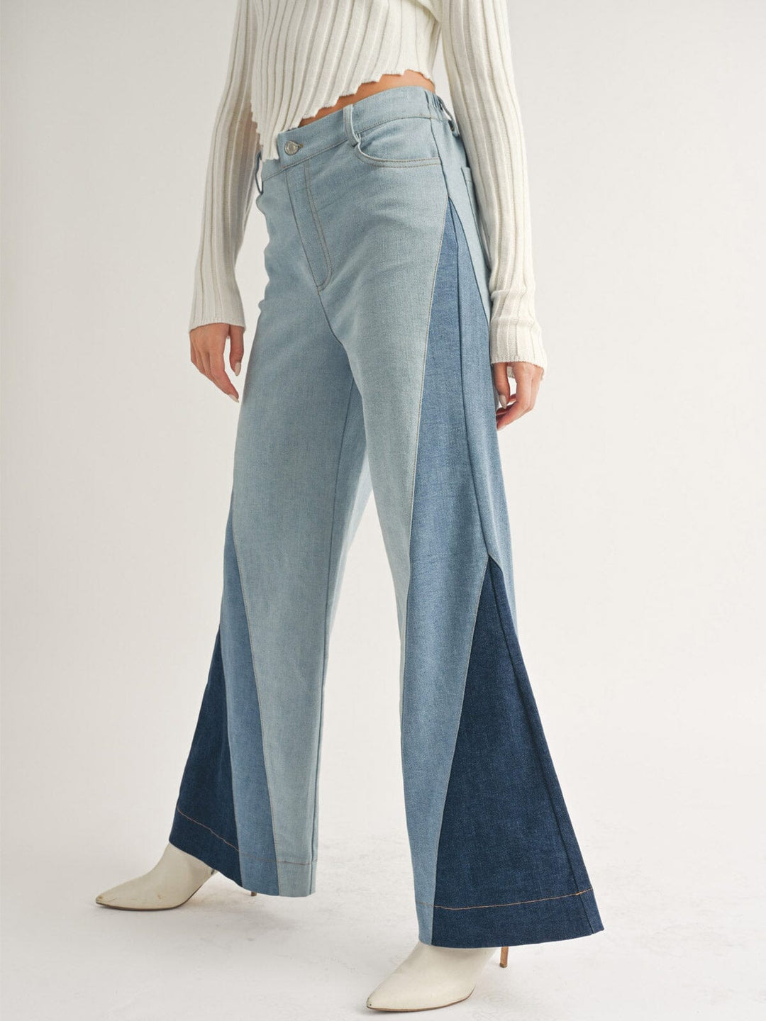 WOMEN'S BUTTON CLOSURE POCKETS PATCHED COLORBLOCK DENIM PANTS