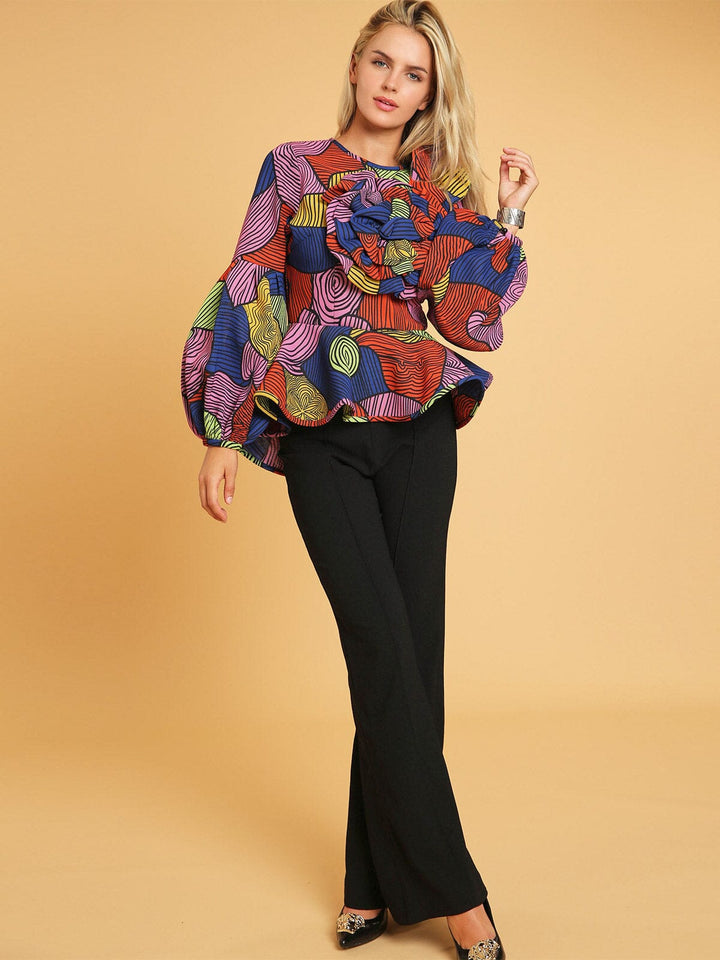 WOMEN'S LONG PUFF SLEEVE MULTI PRINT COLORBLOCK PEPLUM BLOUSE