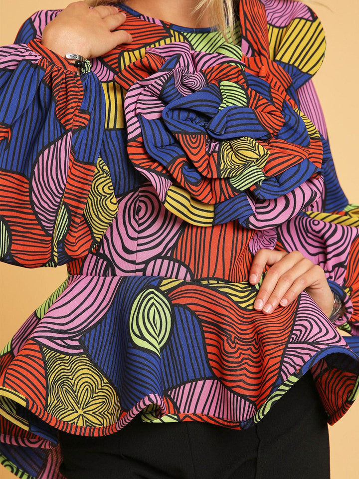 WOMEN'S LONG PUFF SLEEVE MULTI PRINT COLORBLOCK PEPLUM BLOUSE