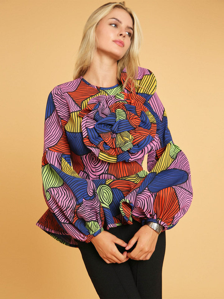 WOMEN'S LONG PUFF SLEEVE MULTI PRINT COLORBLOCK PEPLUM BLOUSE