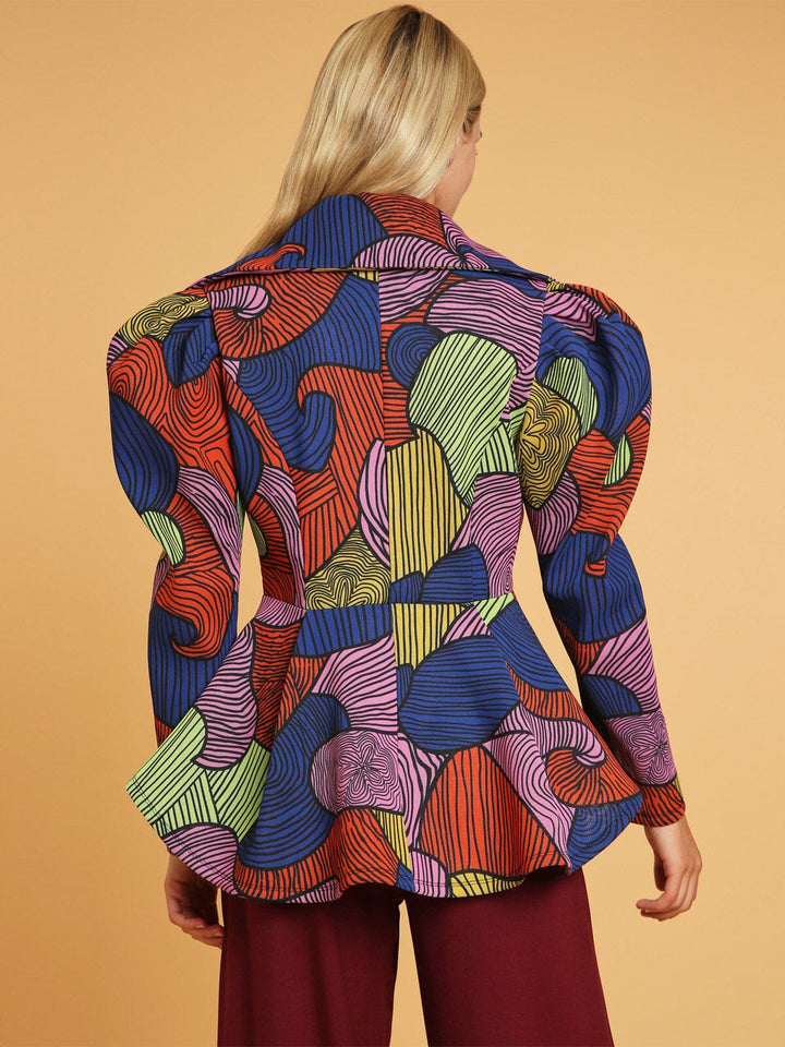 WOMEN'S LONG PUFF SLEEVE BUTTON CLOSURE MULTI PRINT BLAZER