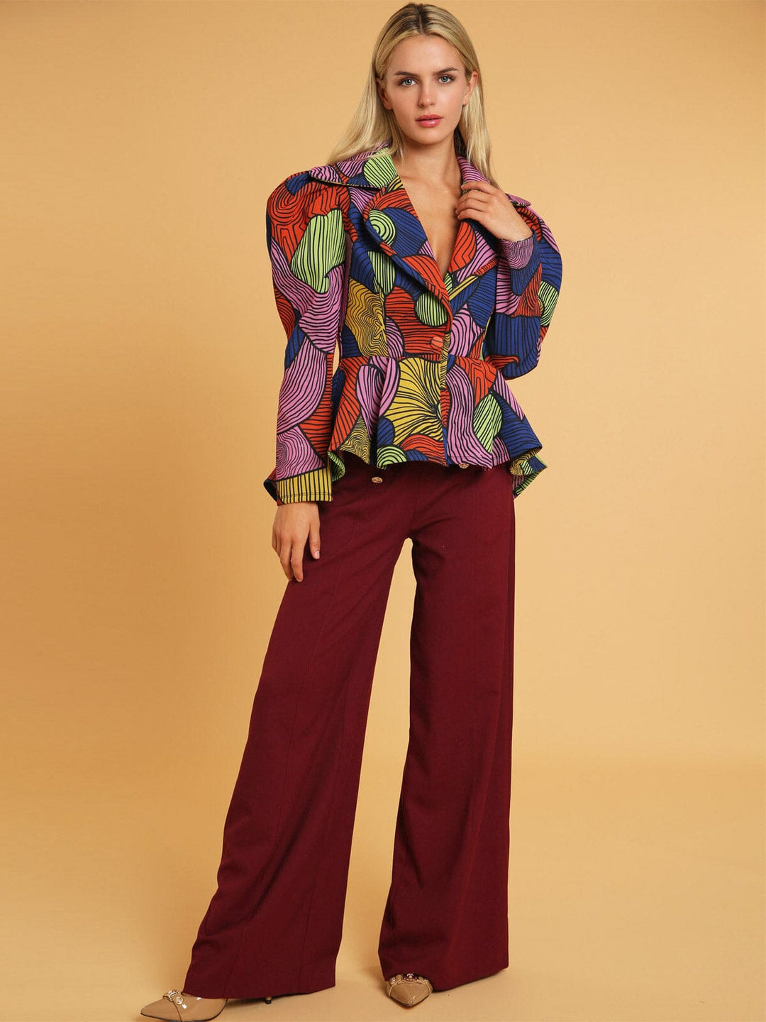 WOMEN'S LONG PUFF SLEEVE BUTTON CLOSURE MULTI PRINT BLAZER