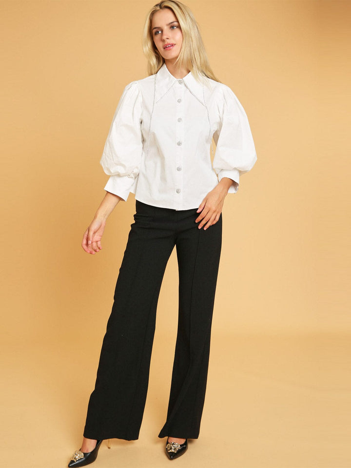 WOMEN'S 3/4 PUFF SLEEVE BUTTON UP STUDS DETAILED BLOUSE