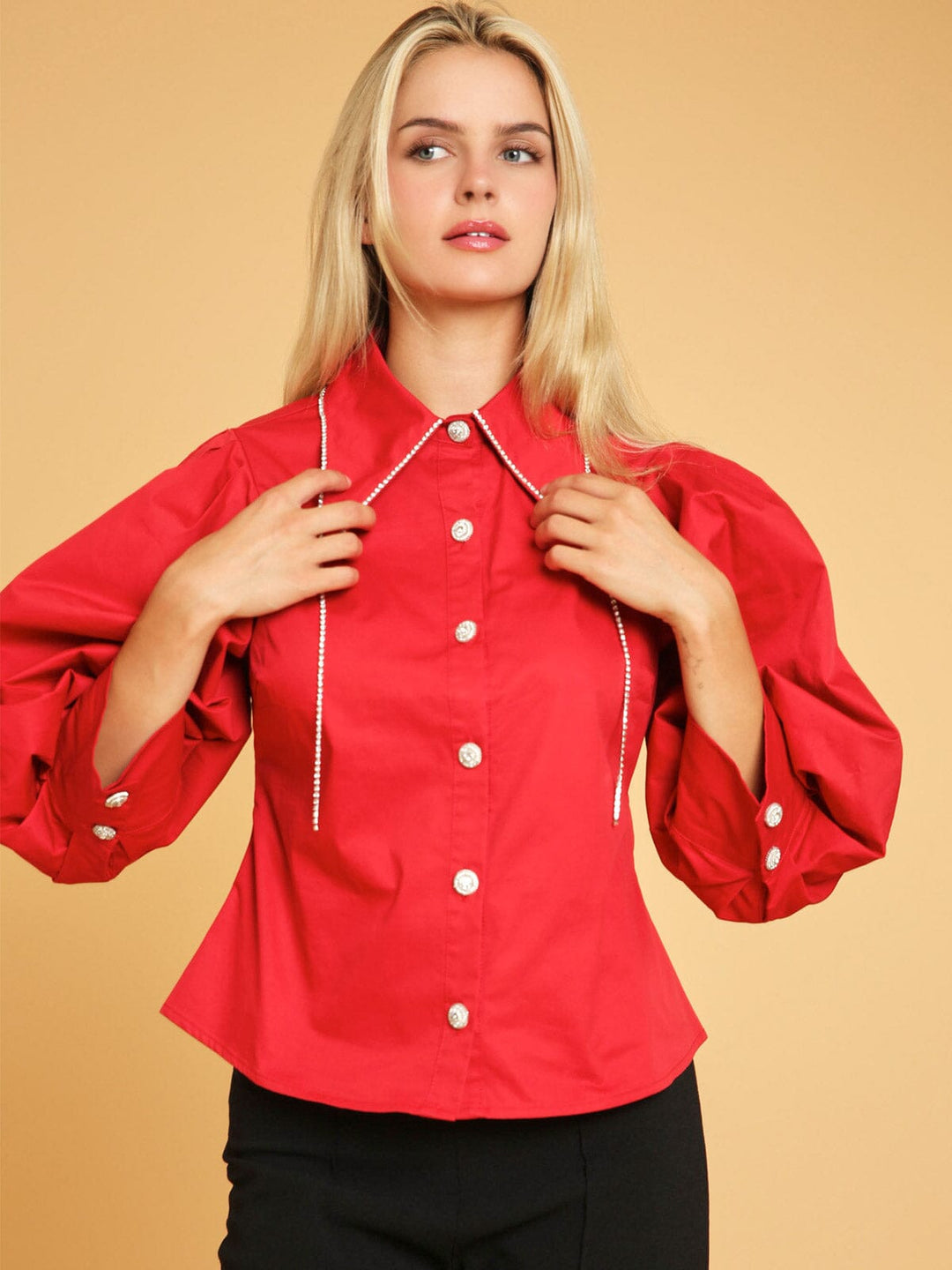 WOMEN'S 3/4 PUFF SLEEVE BUTTON UP STUDS DETAILED BLOUSE