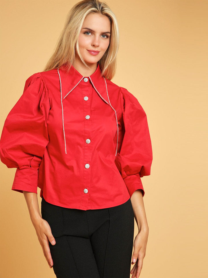 WOMEN'S 3/4 PUFF SLEEVE BUTTON UP STUDS DETAILED BLOUSE