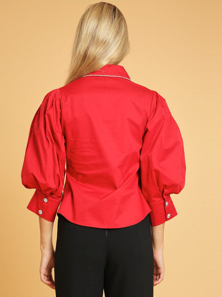 WOMEN'S 3/4 PUFF SLEEVE BUTTON UP STUDS DETAILED BLOUSE
